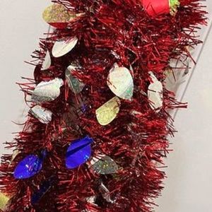 Christmas House Tinsel Garland Red w. Holographic Christmas Lights - 18ft total!